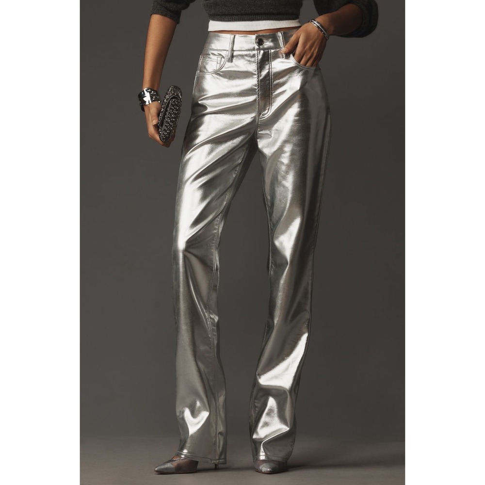 Good American Metallic Silver High Rise Straight Leg Jeans Size 10 Liquid‎ Foil